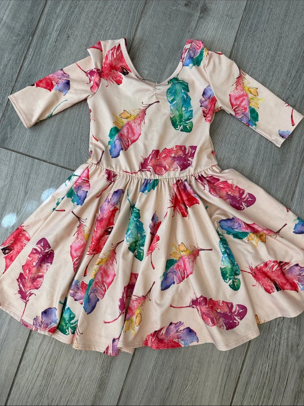 Dot Dot Smile Pink Twirl Dress with Multicolor Feather Print